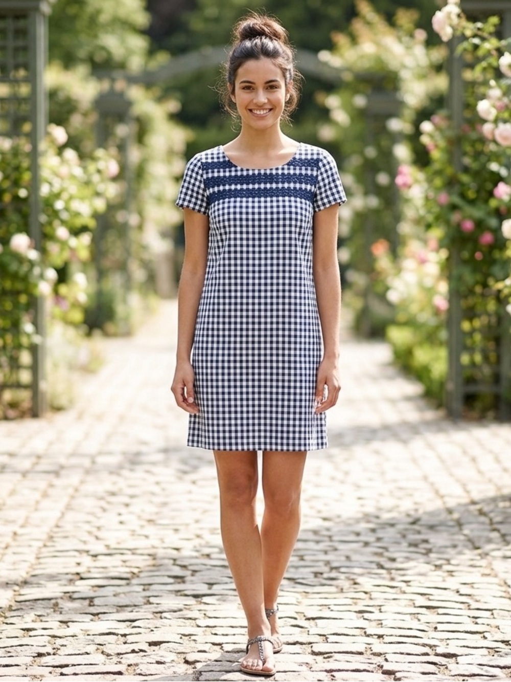 Doe & Rae Gingham Checkered Short Sleeve Keyhole Back Casual Summer Dress Medium